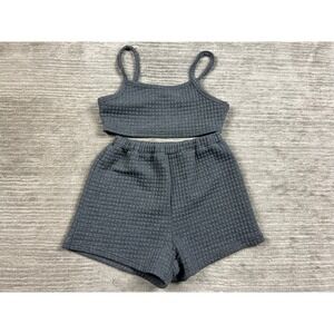 SHEIN Lounge Set Womens S Gray Waffle Knit 2 Piece Crop Top and Shorts Set